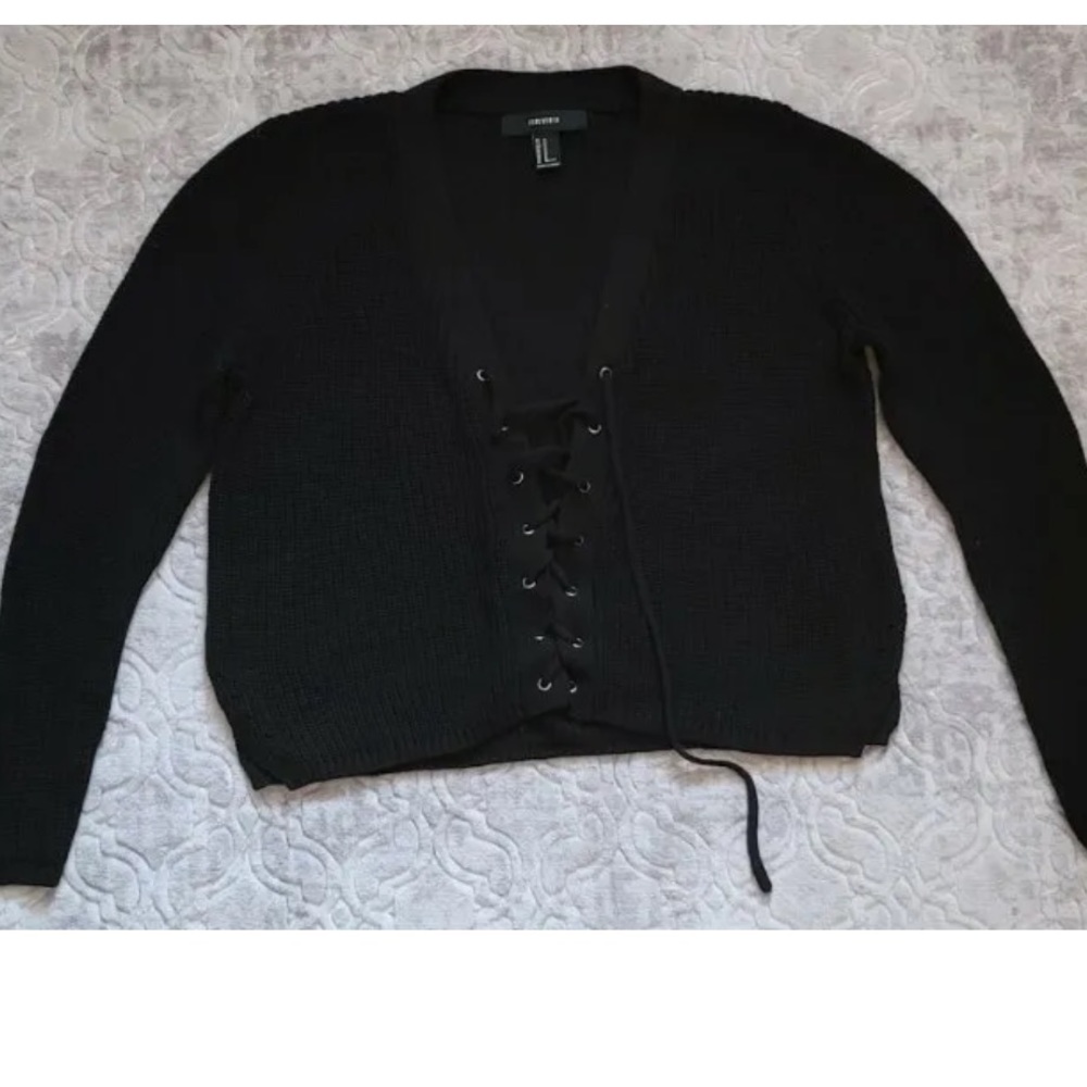 Forever 21 womens small black knit Front laced up tie sweater